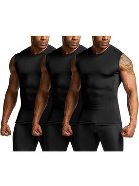 Men's Sleeveless Compression Tank Tops - Black - Small - Pack of 3